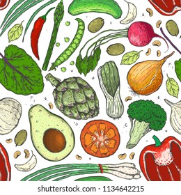 Vector big set of vegetables in a realistic sketch style. Healthy food, natural product, vegetable farm, vegan food, sports nutrition,harvesting festival. Vintage illustration.