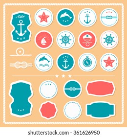 Vector Big set of Vintage nautical badges and labels. Collection of various nautical elements for design and page decoration. Summer holidays, travel, vacation, adventure labels template set.