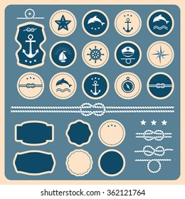 Vector Big set of Vintage nautical badges and labels. Collection of various nautical elements for design and page decoration. Summer holidays, travel, vacation, adventure labels template set.