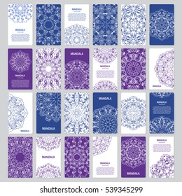 Vector big set of vintage visiting card with outline mandala design. Floral mandala pattern and ornaments. Islam, Arabic, Indian, ottoman motifs. Front page and back page.