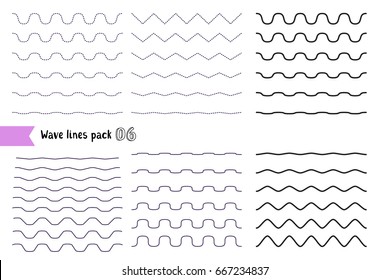 Vector big set of wavy - curvy and zigzag - criss cross horizontal lines with different bend. Graphic design elements variation dotted line and solid line. Collection of different thin line wave