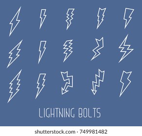 Vector big set of white color lightning icon. Collection of different lightning bolt on blue background. Graphic design elements variation zigzag. Line art for web design
