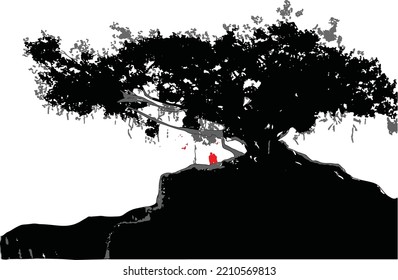 Vector Of A Big Shady Tree And There Is A Couple In Love Who Resting Under The Tree. 