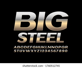 Vector Big Steel Font. Silver Alphabet Letters and Numbers