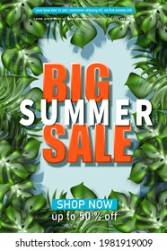 Vector big summer sale banner template with tropical leaves frame.