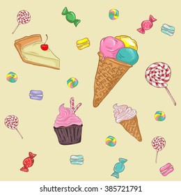 Vector big sweet collection with baked goods, cakes, ice cream. Hand drawn vector illustration in vintage style.
