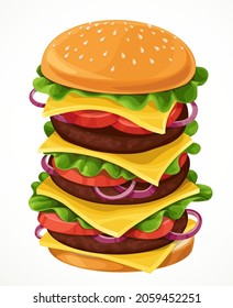 Vector big tall hamburger with cutlet, cheese, green lettuce, tomato and onion rings isolated on a white background 