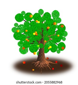 Vector of the big tree is fully grown. There were ripe fruits falling under the tree  on the ground.