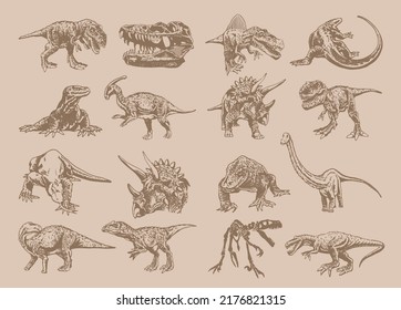 Vector big vintage collection of dinosaurs and varans , graphical elements on sepia background