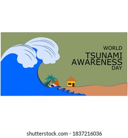 vector of big waves crashing against houses and trees, world tsunami awareness day warning icon
