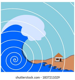 vector of big waves crashing house tsunami warning icon