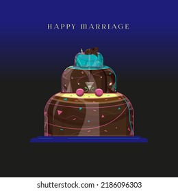Vector big wedding cake with a cat pet on the top of it. Bridal cake sweet decorated by two berries with two lighting rings hanging on them, lighting candle on the top, a lot of candy sprinkles.