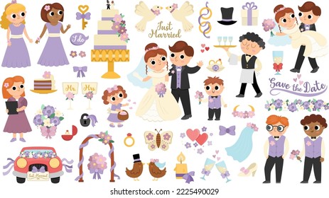 Vector big wedding elements set. Cute marriage clipart and scenes with bride and groom. Just married couple collection. Funny ceremony illustrations. Cute bridesmaids, bridegroom, rings, cake 
