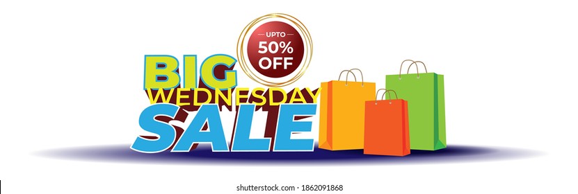 Vector Big Wednesday Sale banner, upto 50% off, shopping bags, offer promotion template for website and social media.