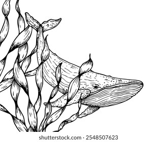 Vector Big whale and algae. Hand painted line seaweed, laminaria sketch. Graphic tropical clip art isolated on background. Underwater illustration. For designers, invitations, decoration, postcards