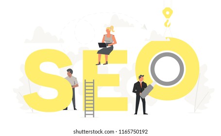 Vector big word SEO with small working people around it. Search engine optimization business banner for design concept. Illustration for presentations on white background