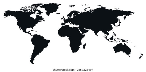 Vector big world black silhouette map on white background. World map template with continents. Simple detailed silhouette map