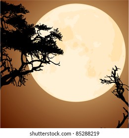 vector big yellow moon and silhouettes of tree branches