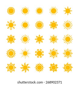 Vector big yellow sun icons set isolated on white background
