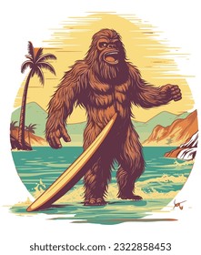 Vector bigfoot summer surfing on the beach, bigfoot t-shirt vector design