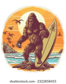 Vector bigfoot summer surfing on the beach, bigfoot t-shirt vector design