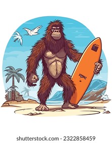 Vector bigfoot summer surfing on the beach, bigfoot t-shirt vector design