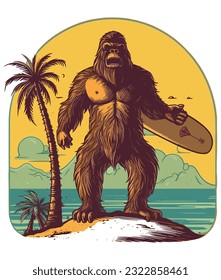 Vector bigfoot summer surfing on the beach, bigfoot t-shirt vector design