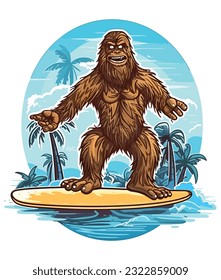 Vector bigfoot summer surfing on the beach bigfoot tshirt vector design