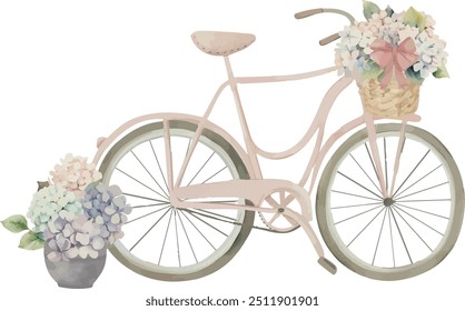 Vector, bike, bicycle with hydrangea, flowers, present, festive, Watercolor illustration, Greeting cards, invitation, party, baby shower, birthday, event, holiday, wedding card, printable