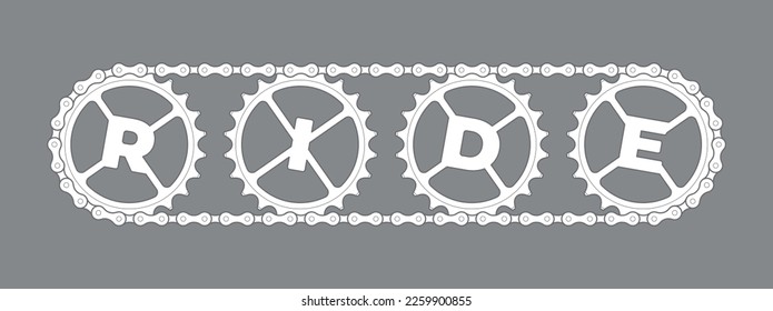 Vector bike chain gears with the inscription RIDE inside the individual gears. Isolated on a grey background