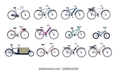Vector bike collection - Set of illustrations of various bikes for men and women, electric and analogue. Side view flat design, isolated with white background