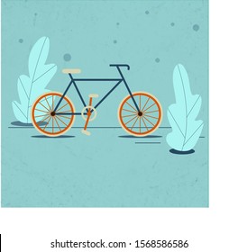 Vector bike, file good for motion design. With named layers. Bike on blue backgroun with plants. Vector illustration. For web, graphic and motion design. Vector eps 10