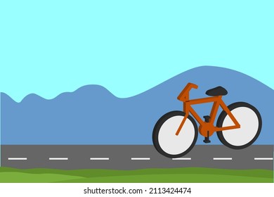 Vector bike icon with blue mountain,  green sky, road and grass. Best for background, wallpaper, backdrop and for property decoration images.