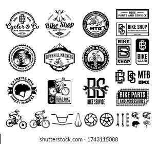 Vector bike shop, club, bicycle service, mountain and road biking badges, icons and design elements