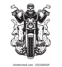 Ilustración de motociclista vector esqueleto barbudo en una motocicleta sobre fondo blanco