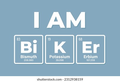 Inscripción de BIKER vectorial compuesta por elementos individuales de la tabla periódica. Texto: Soy Biker. Fondo azul