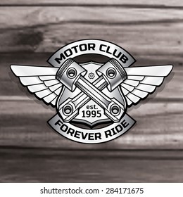 Vector biker logo illustration. Motor club piston vintage steel labels. Racer insignia