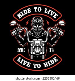 Vector biker patch with a skull in a bandana on a motorcycle 