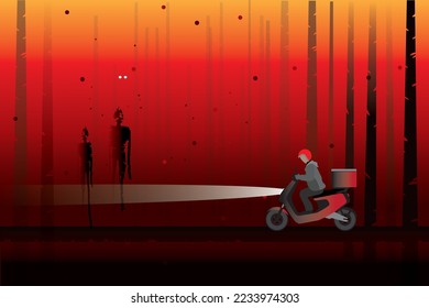 vector biker riding motorcycle to delivery food on night forest background.long black body