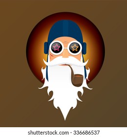 vector biker santa claus with smoking pipe. Christmas hipster poster for party or greeting card.