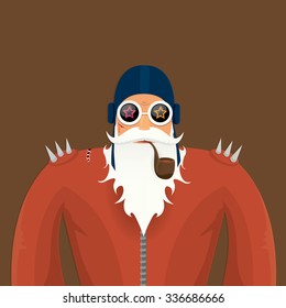vector biker santa claus with smoking pipe. Christmas hipster poster for party or greeting card.