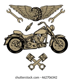Vector biker set Hand drawn elements Repair Garage Motorcycle Biker Rider Freedom