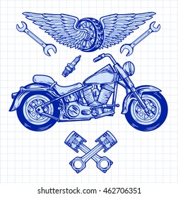 Vector biker set Hand drawn elements Repair Garage Motorcycle Biker Rider Freedom