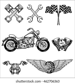 Vector biker set Hand drawn elements Repair Garage Motorcycle Biker Rider Freedom