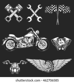 Vector biker set Hand drawn elements Repair Garage Motorcycle Biker Rider Freedom