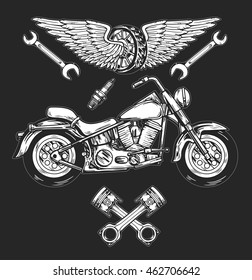 Vector biker set Hand drawn elements Repair Garage Motorcycle Biker Rider Freedom