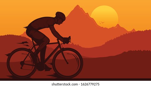 Vector biking illustration with a cyclist on a sportbike on a mountain road