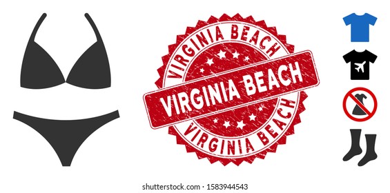 Vector bikini icon and rubber round stamp seal with Virginia Beach text. Flat bikini icon is isolated on a white background. Virginia Beach stamp uses red color and rubber design.