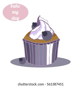 Vector bilberry cupcake on white with pink emblem
