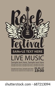 Vector billboard for Rock Festival live music with an electric guitar, wings, fire and place for text